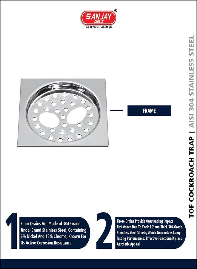 Sanjay Chilly SS Floor Drain with Double Holes Cover Jali 304 Grade Sani Square Bathroom Gratings Open Area Kitchen Sinks and Wash Basins Water Drainer Pisto Square 6x6 INCH - Image 3